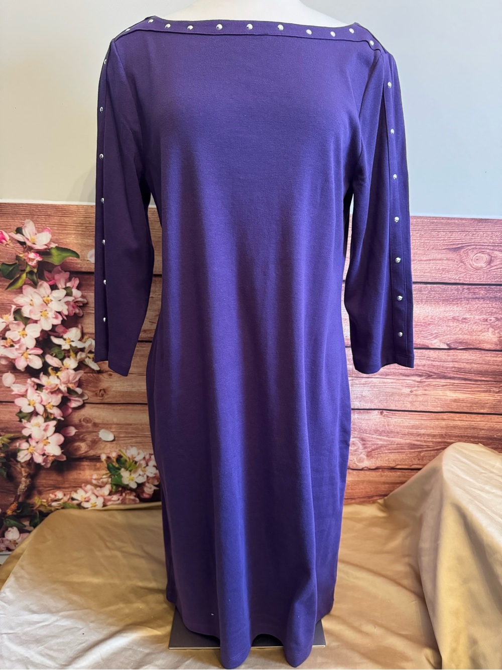 NWT Karen Scott Sport Purple Studded Knit Dress M 3/4 Sleeve Boat Neck Cotton